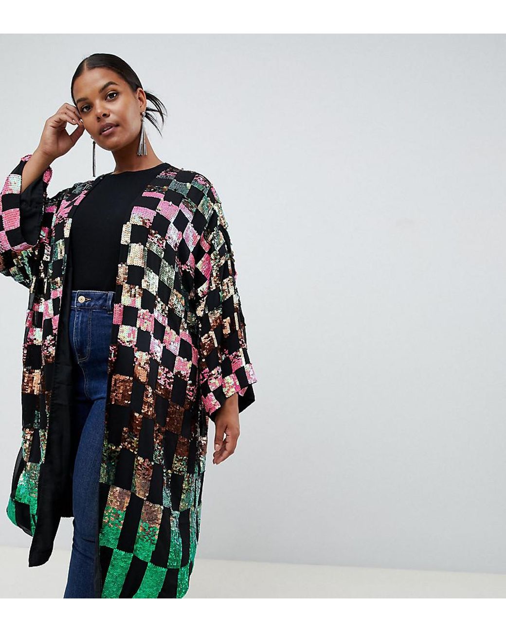 ASOS Asos Design Curve Checkerboard Sequin Kimono | Lyst