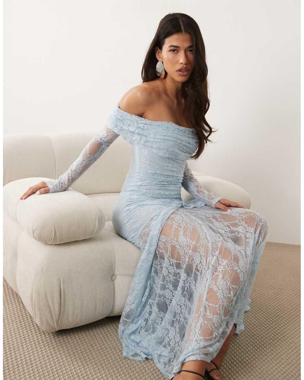 ASOS Blue Lace Off The Shoulder Long Sleeve Maxi Dress
