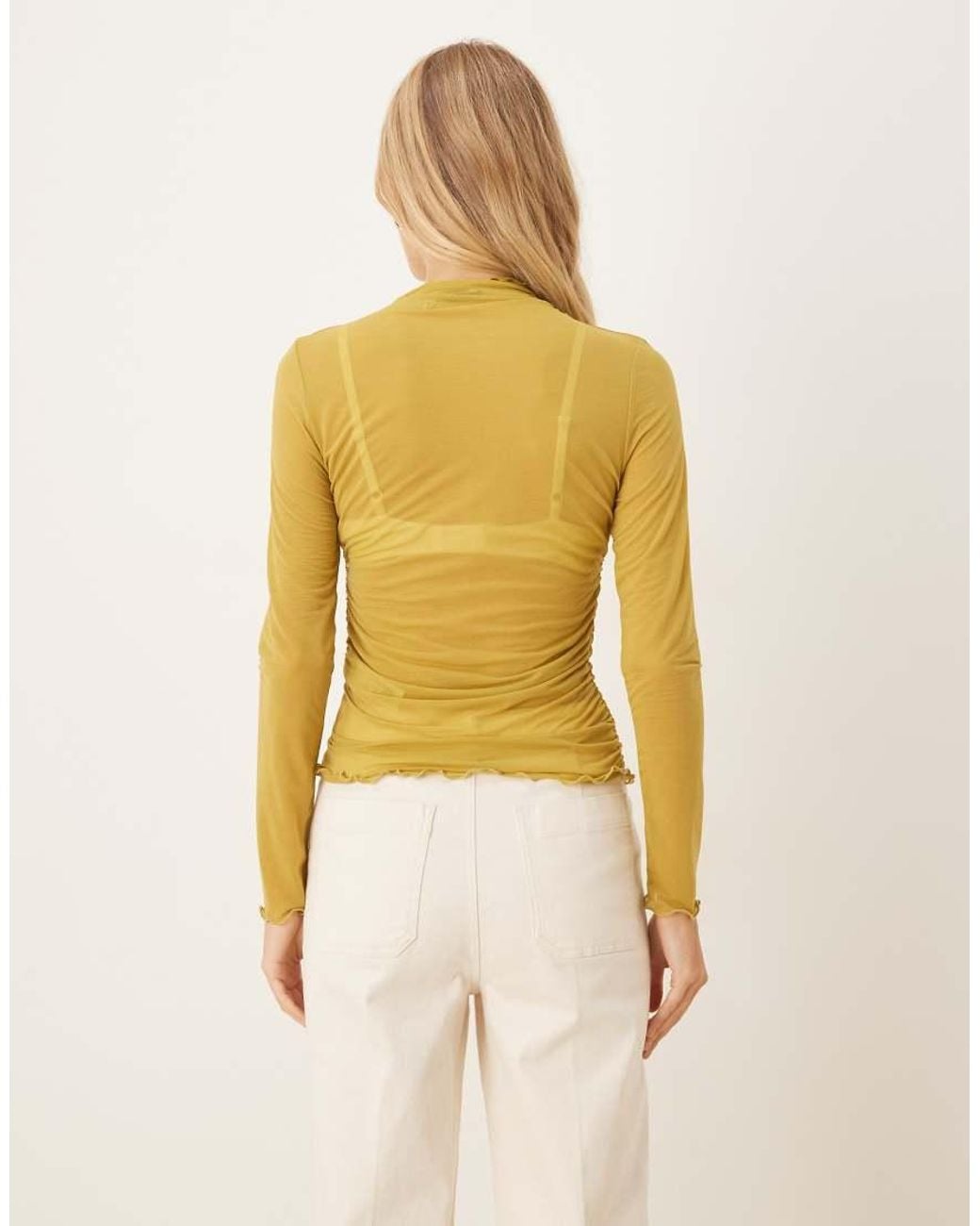 ASOS Yellow High Neck Mesh Semi Sheer Long Sleeve Top