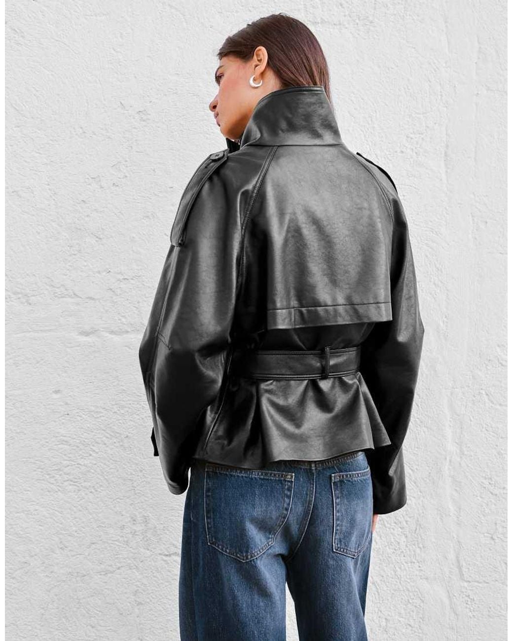 Bershka Black Short Leather Effect Trench Coat