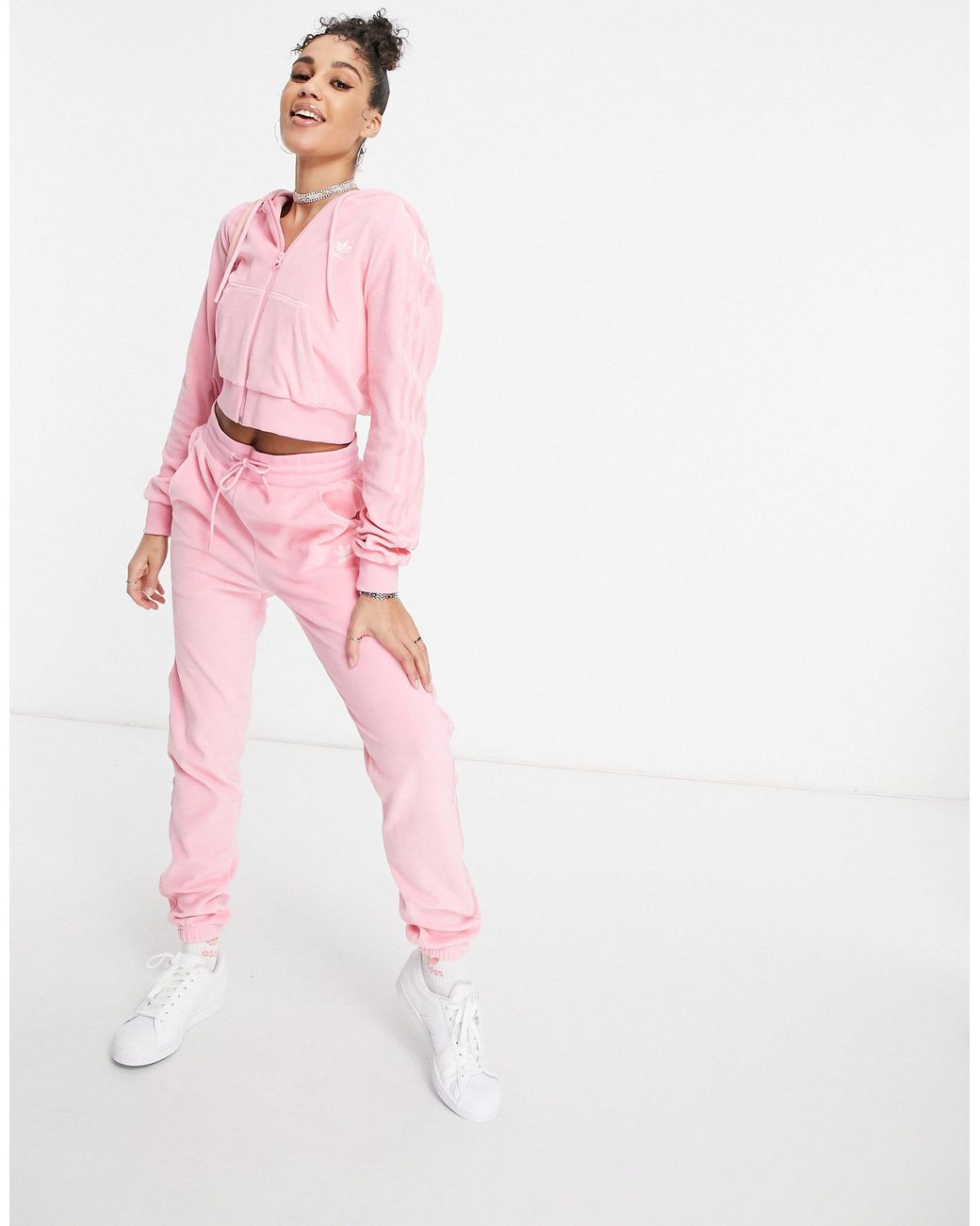 adidas Originals 'relaxed Risqué' Velour Zip-through Hoodie in Pink | Lyst