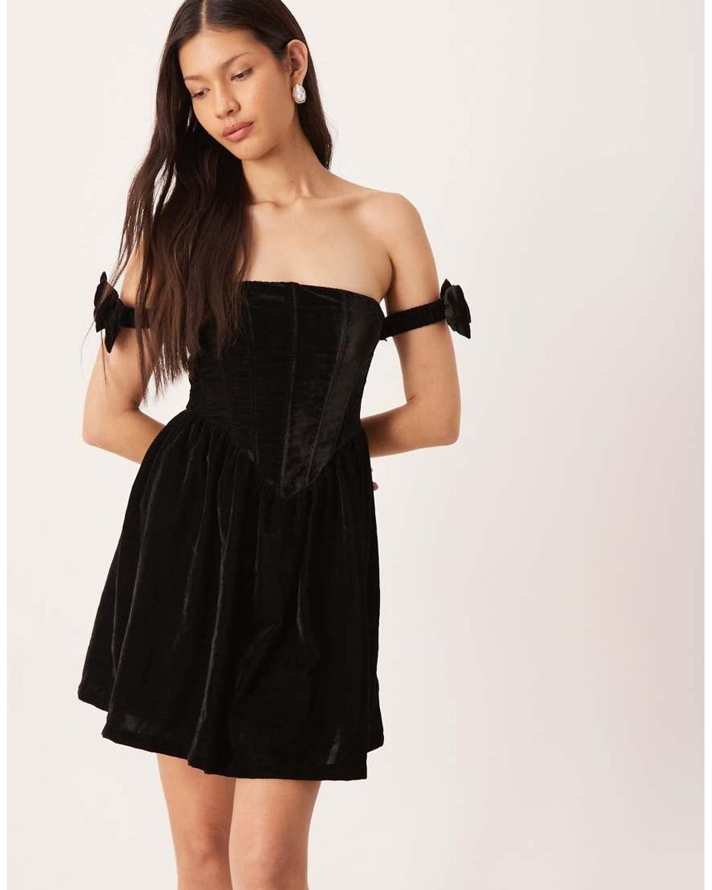 LACE & BEADS Black Velvet Bow Off Shoulder Corset Mini Dress