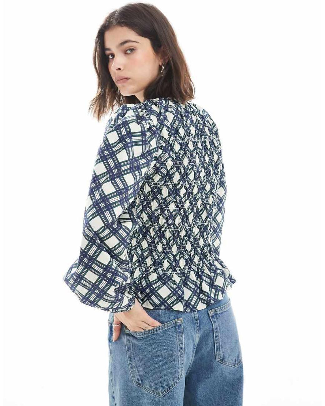 ASOS Blue Slash Neck Shirred Long Sleeve Top