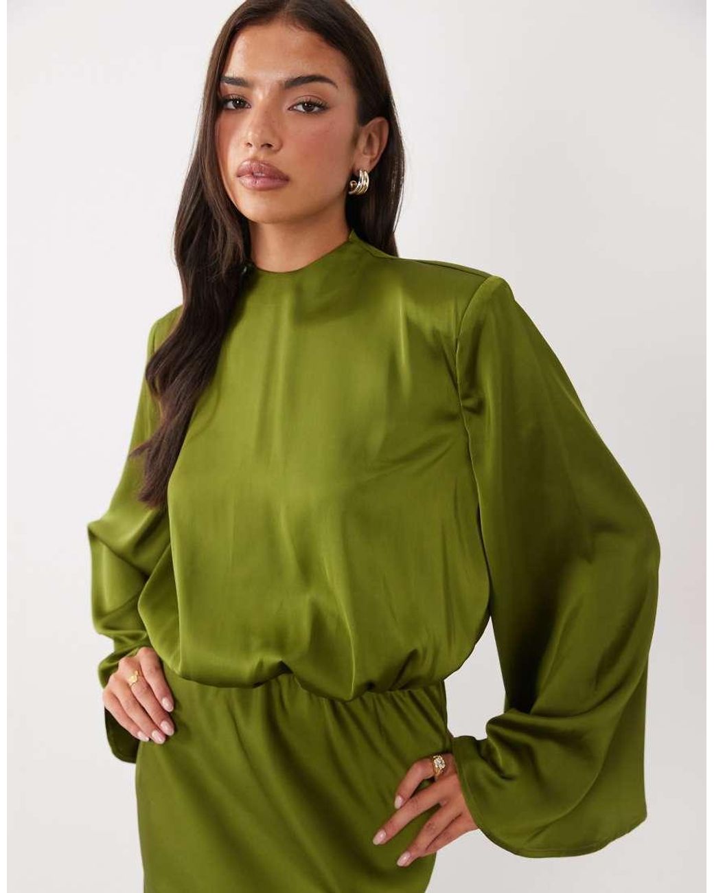 Kaiia Green Exclusive Satin High Neck Fold Over Detail Wide Sleeve Fishtail Hem Maxi Dress