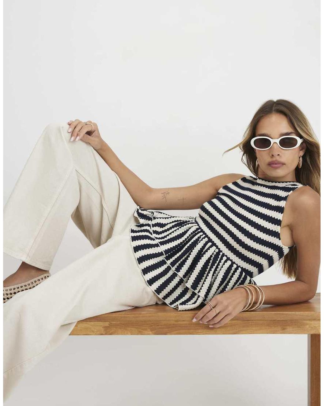 River Island Blue Stripe Textured Peplum Top