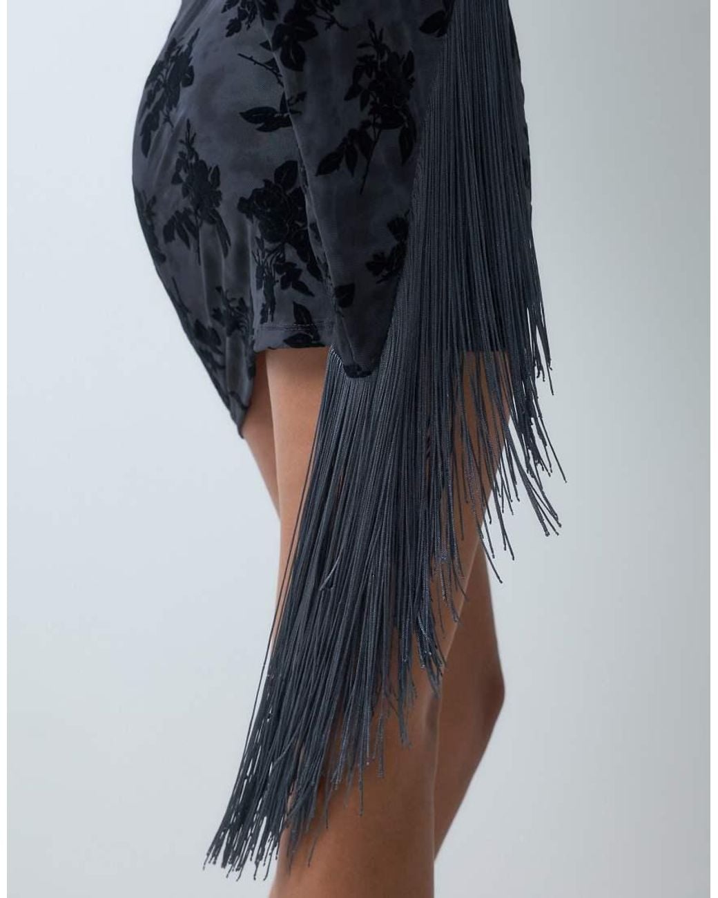 ASOS Blue Devore Halter Mini Dress With Fringed Statement Sleeve