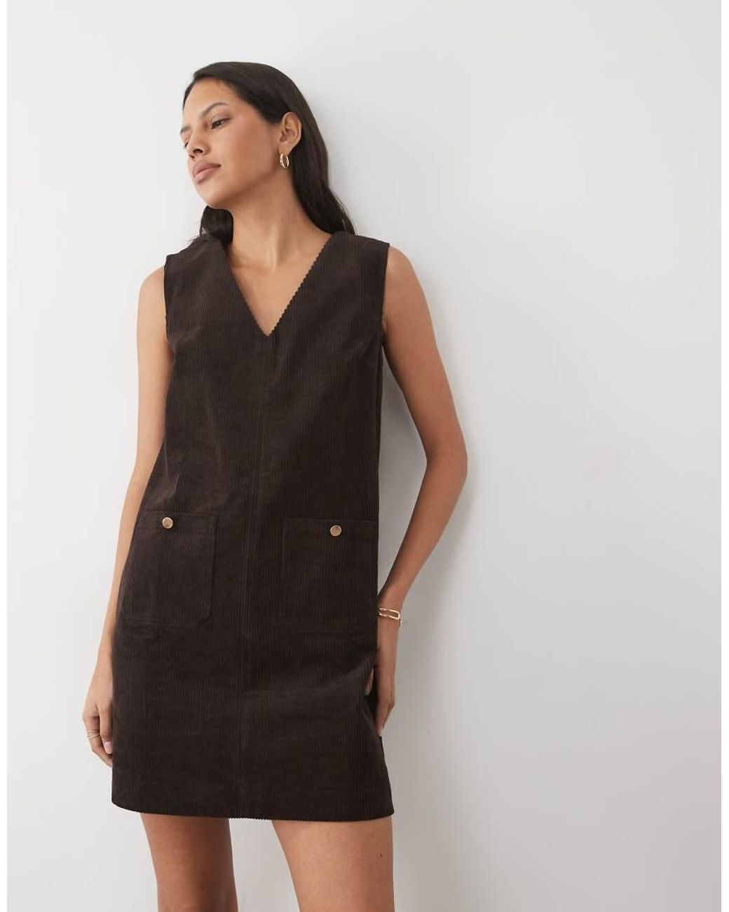 Threadbare Natural Cord Pinafore Mini Dress
