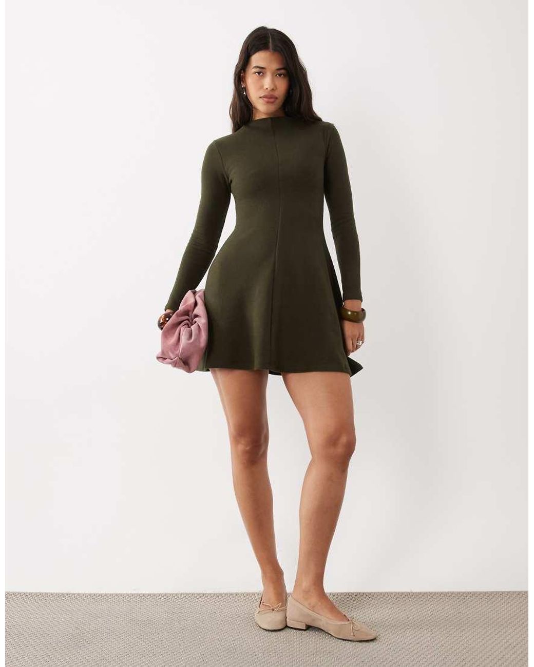 ASOS Green Supersoft Grown On Neck Long Sleeve Mini Dress