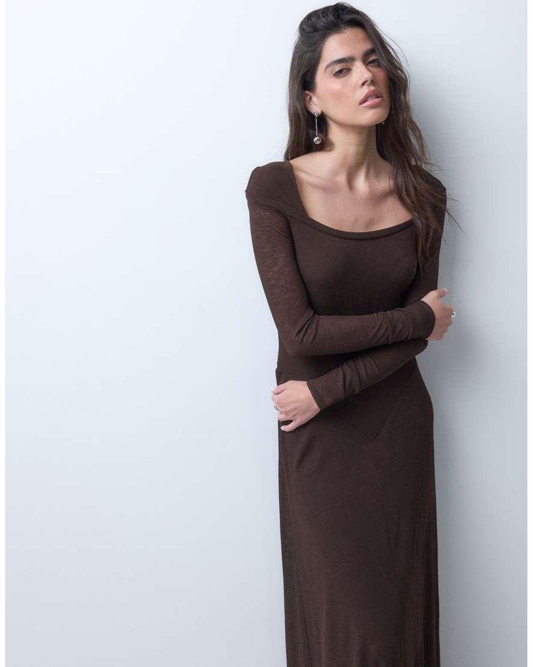 ASOS White Long Sleeve Scoop Bardot Maxi Dress With Drop Waist