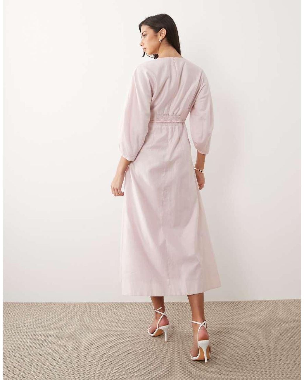 Forever New Pink Linen V Neck Tie Detail Midi Dress