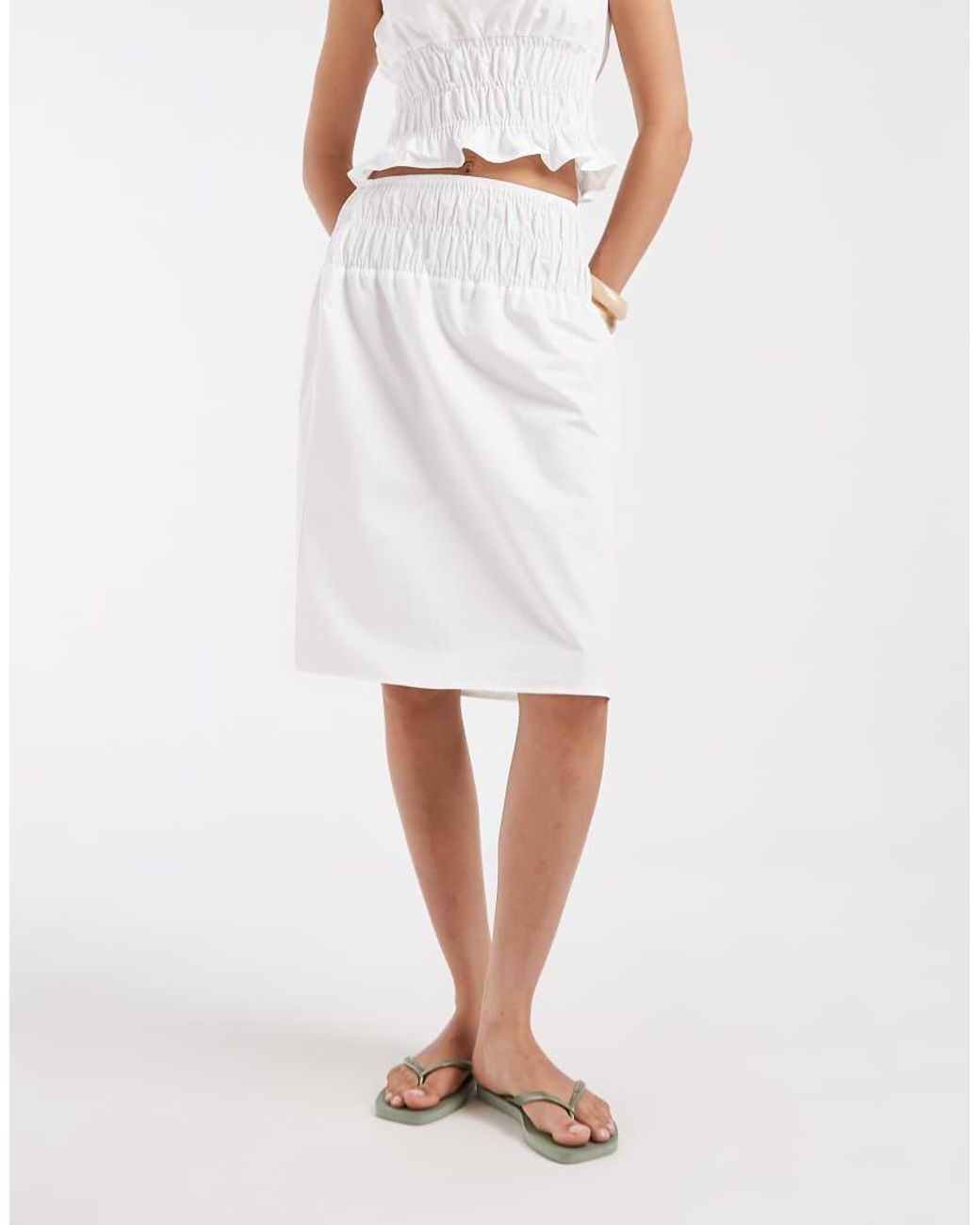 ASOS White Shirred Waist Midi Length Skirt