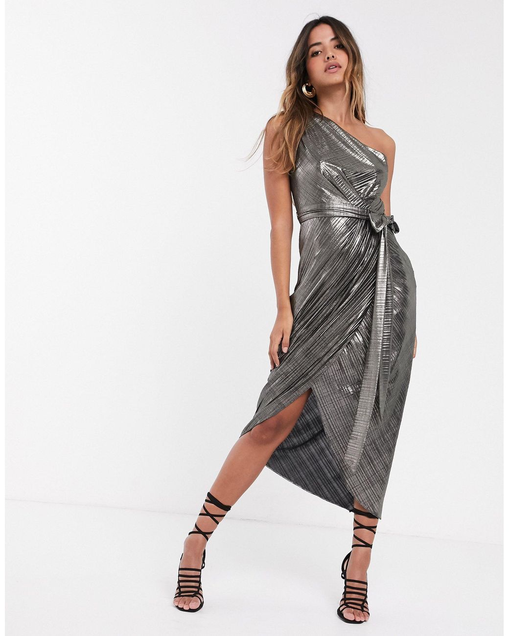 Ted Baker Gabria One Shoulder Drape Midi Dress in Metallic | Lyst UK