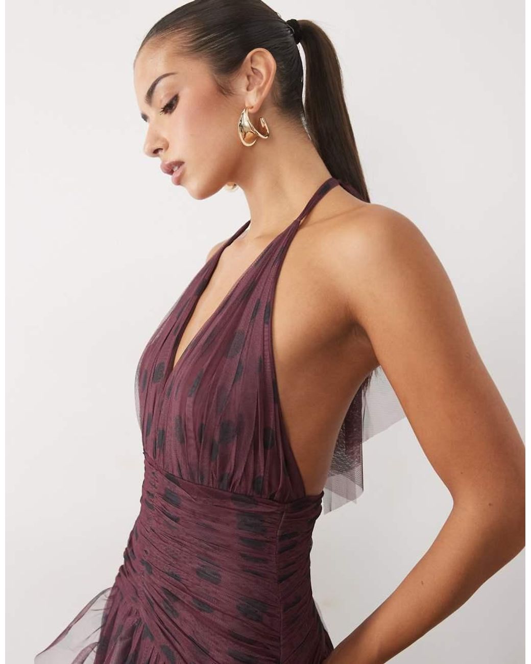 LACE & BEADS Purple Dobby Halter Neck Ruffle Skirt Maxi Dress