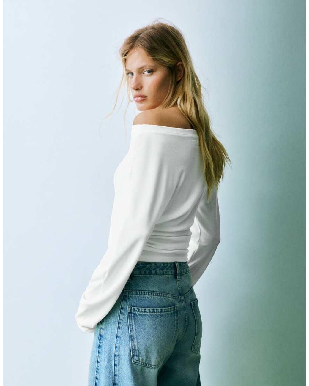 Pull&Bear White Asymmetric Long Sleeve Top