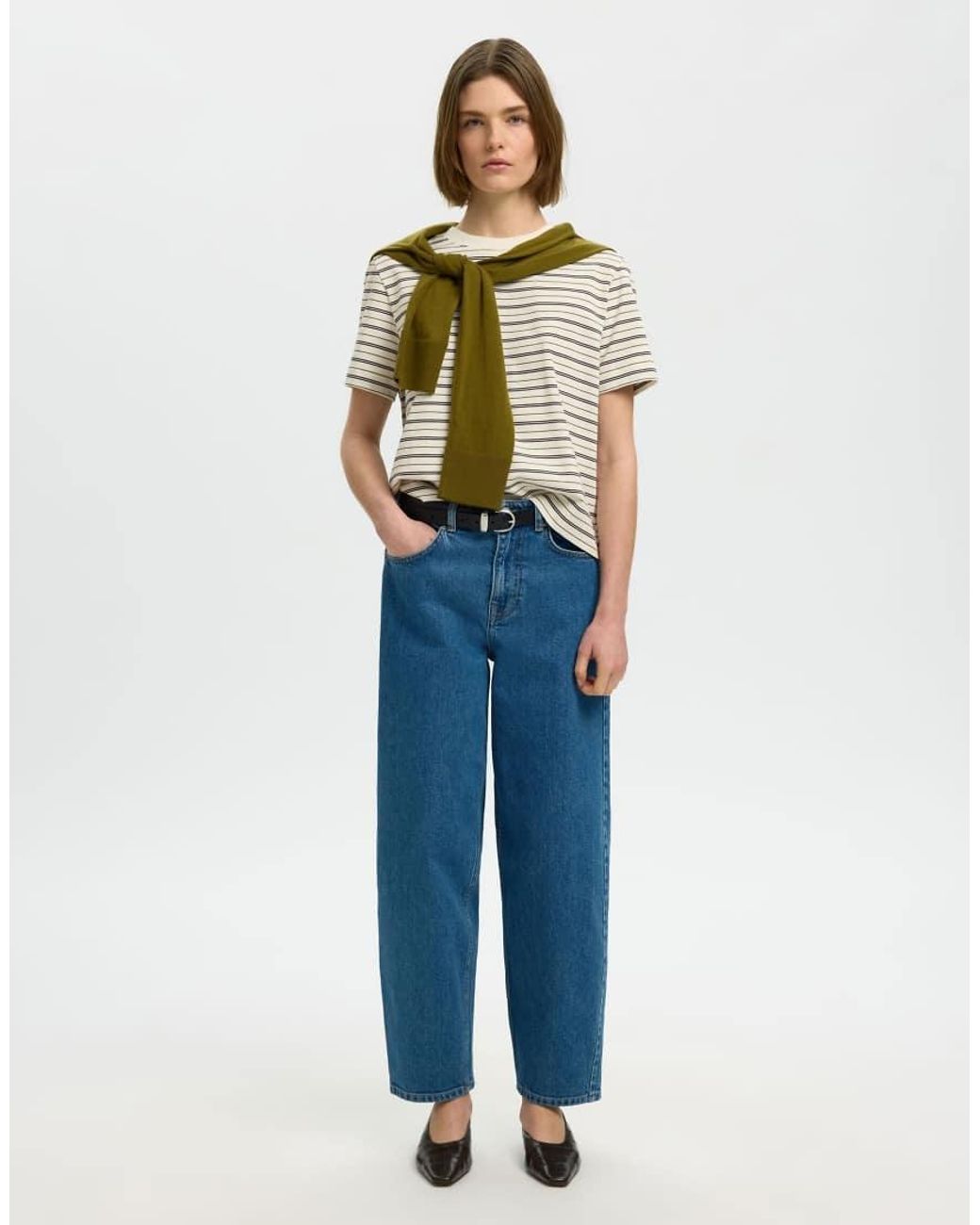 SELECTED Multicolor Essential Striped Ribbed Denim Box Fit Crew Neck Short Sleeve T-shirt
