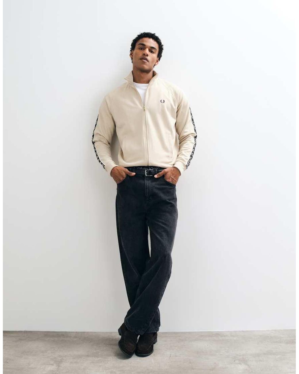 Fred Perry Natural Co-Ord Contrast Taped Zip Through Logo Track Jacket for men