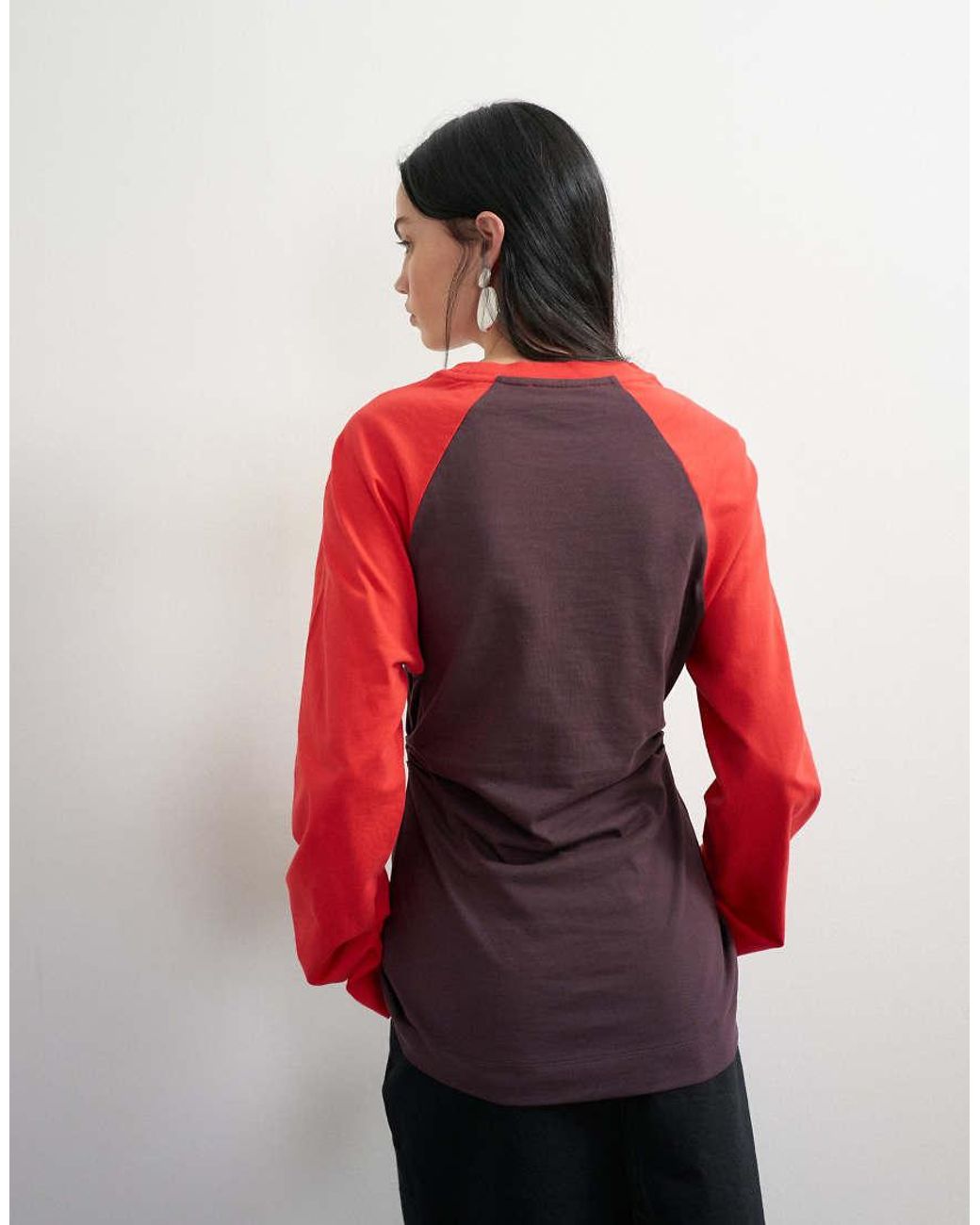 TOPSHOP Red Colour Block Cinched Waist Long Sleeve Raglan T-Shirt
