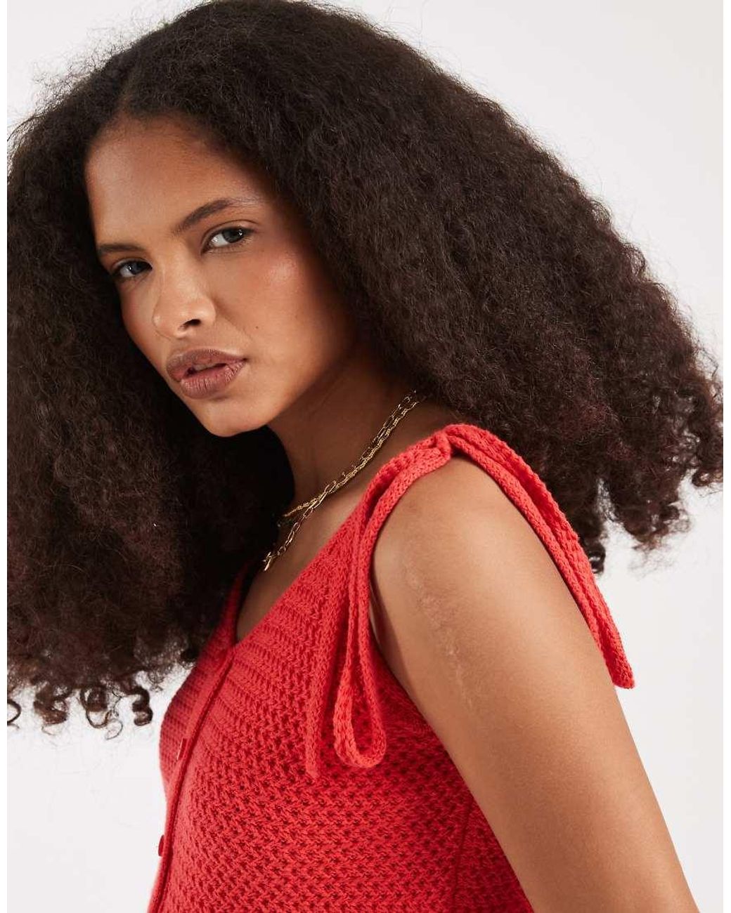 Vero Moda Red Crochet Button Front Cami Top With Tie Strap Detail