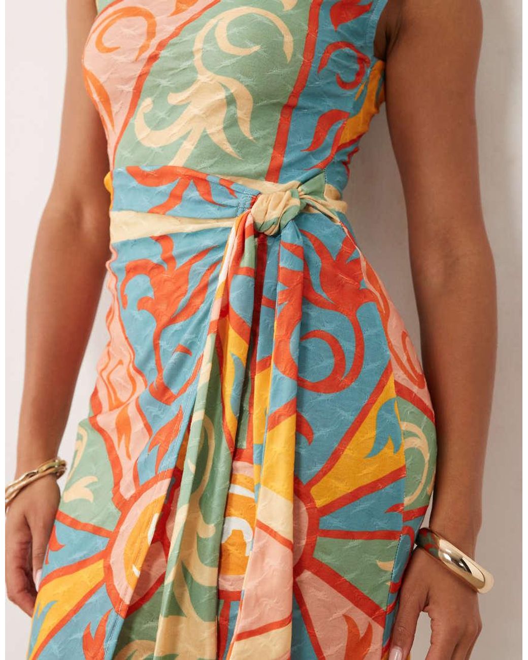 Never Fully Dressed Natural Lucy Textured Short Sleeve Tie Front Midi Dress