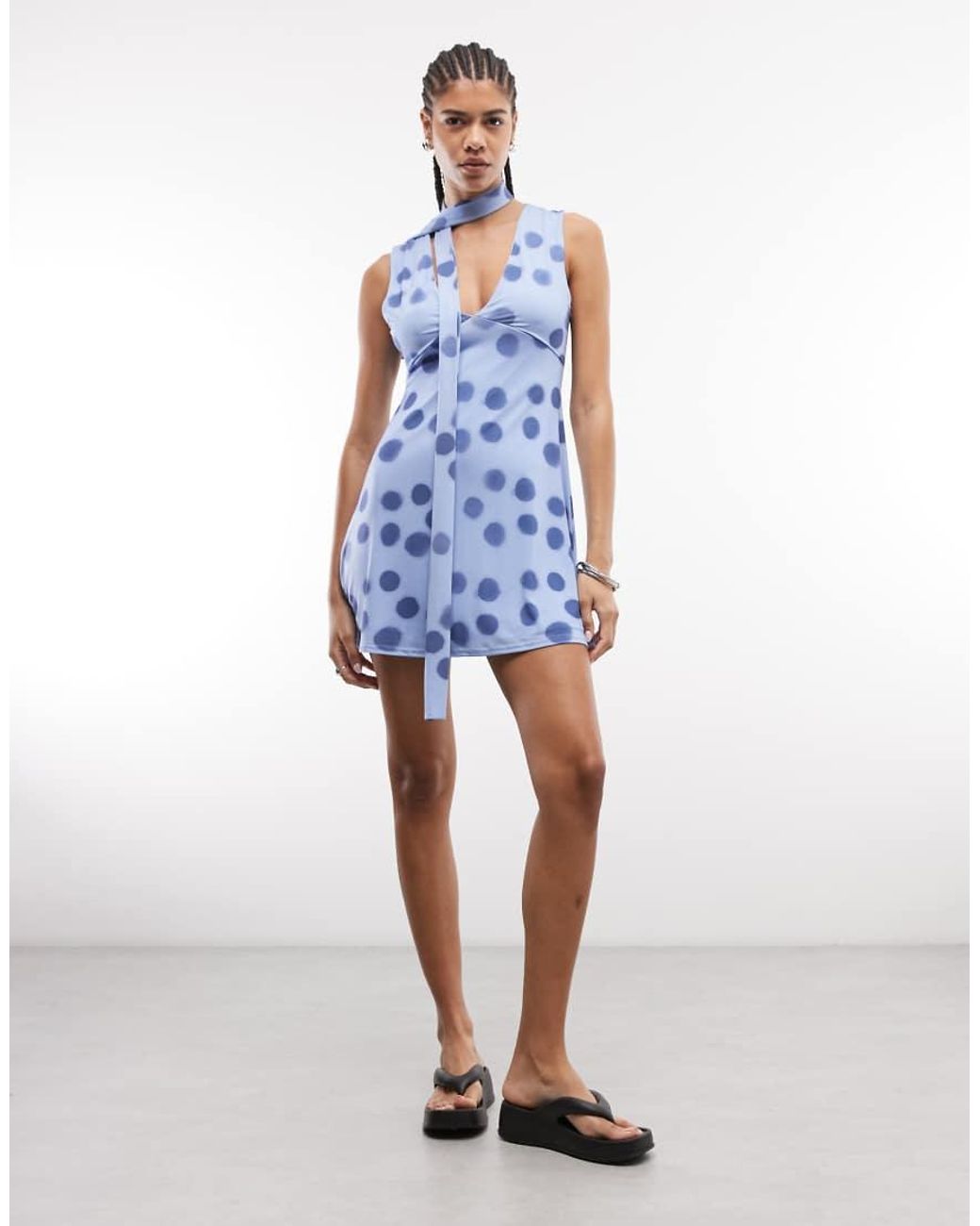 Reclaimed Vintage Blue Polka Dot Jersey Scarf Mini Dress
