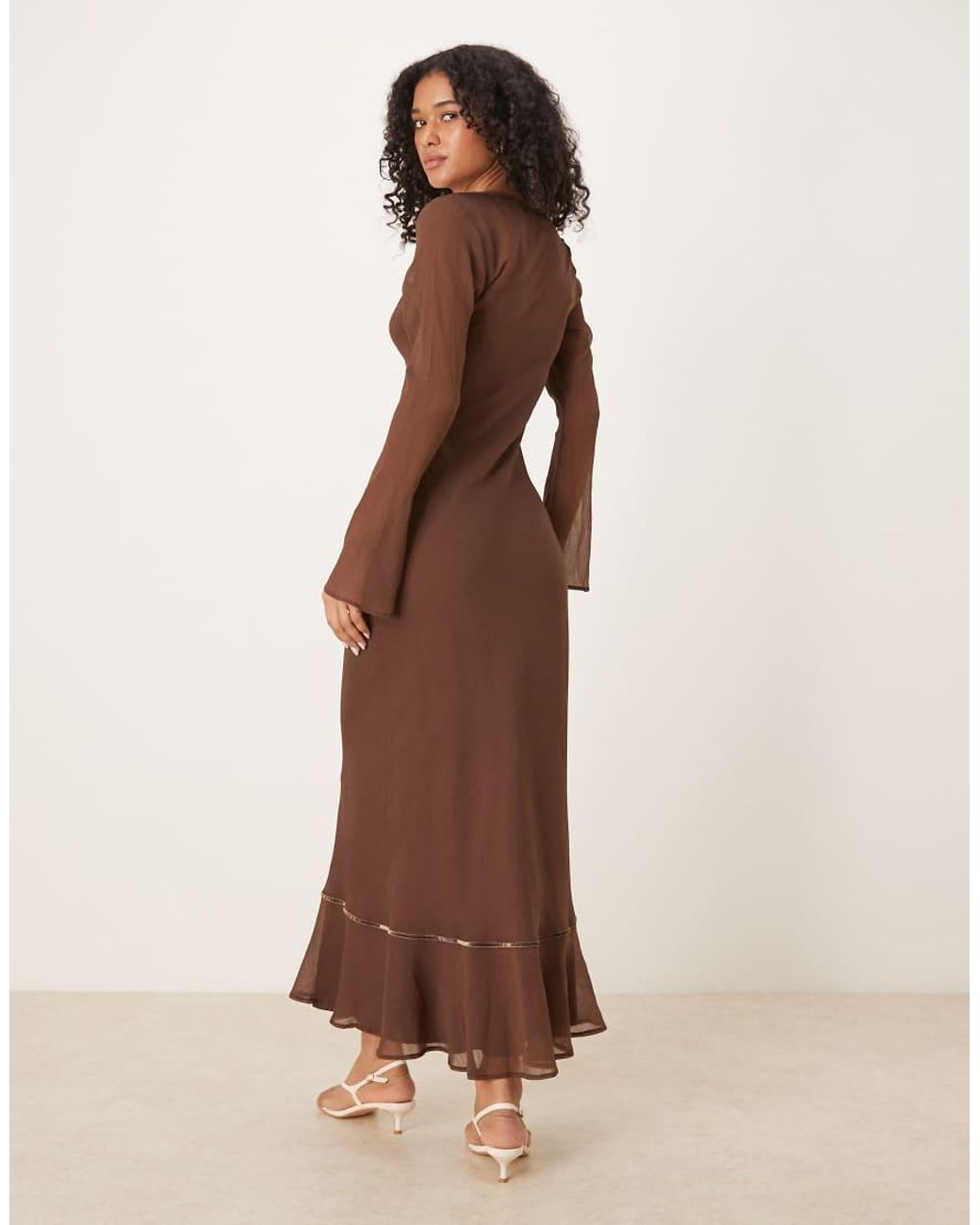 ASOS Brown Ruched Bust Scoop Long Sleeve Maxi Dress