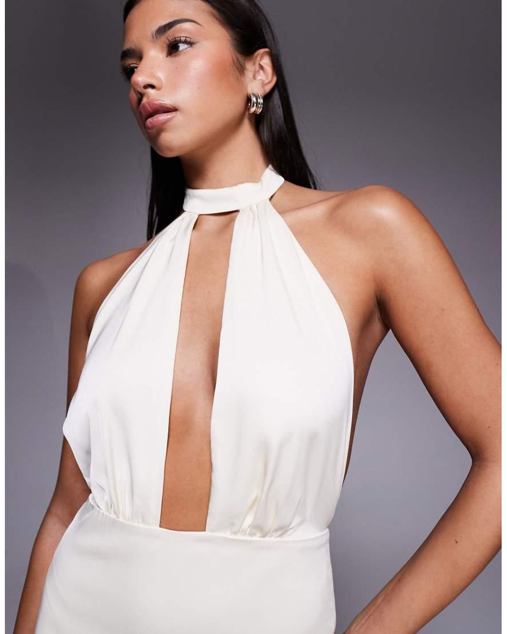 Oh Polly Blue Desiree Halter Neck Satin Maxi Dress