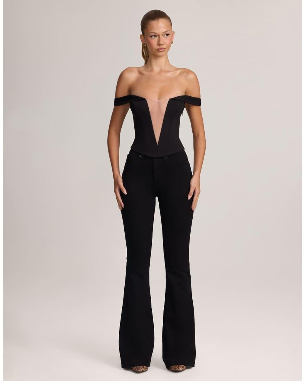 Oh Polly Black Ponte Bardot Mesh Plunge V-neck Corset Top
