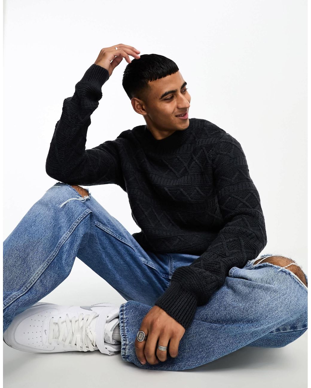 Only & Sons – strukturierter strickpullover in Black für Herren