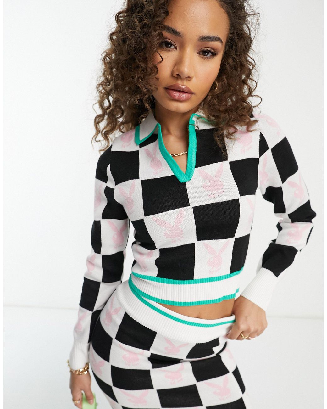 Missguided Playboy Co-ord Checkerboard Top in Blue | Lyst UK