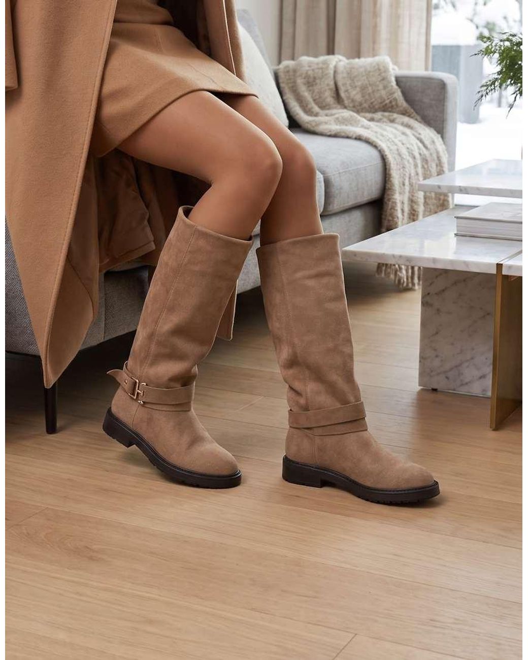 SEQWL Brown Knee High Boots With Low Block Heel And Buckle Ankle Strap