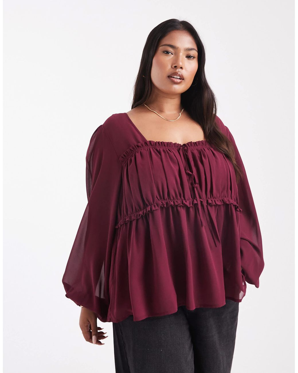 ASOS Asos Design Curve Sheer Yoke Ruched Detail Blouse in Red | Lyst