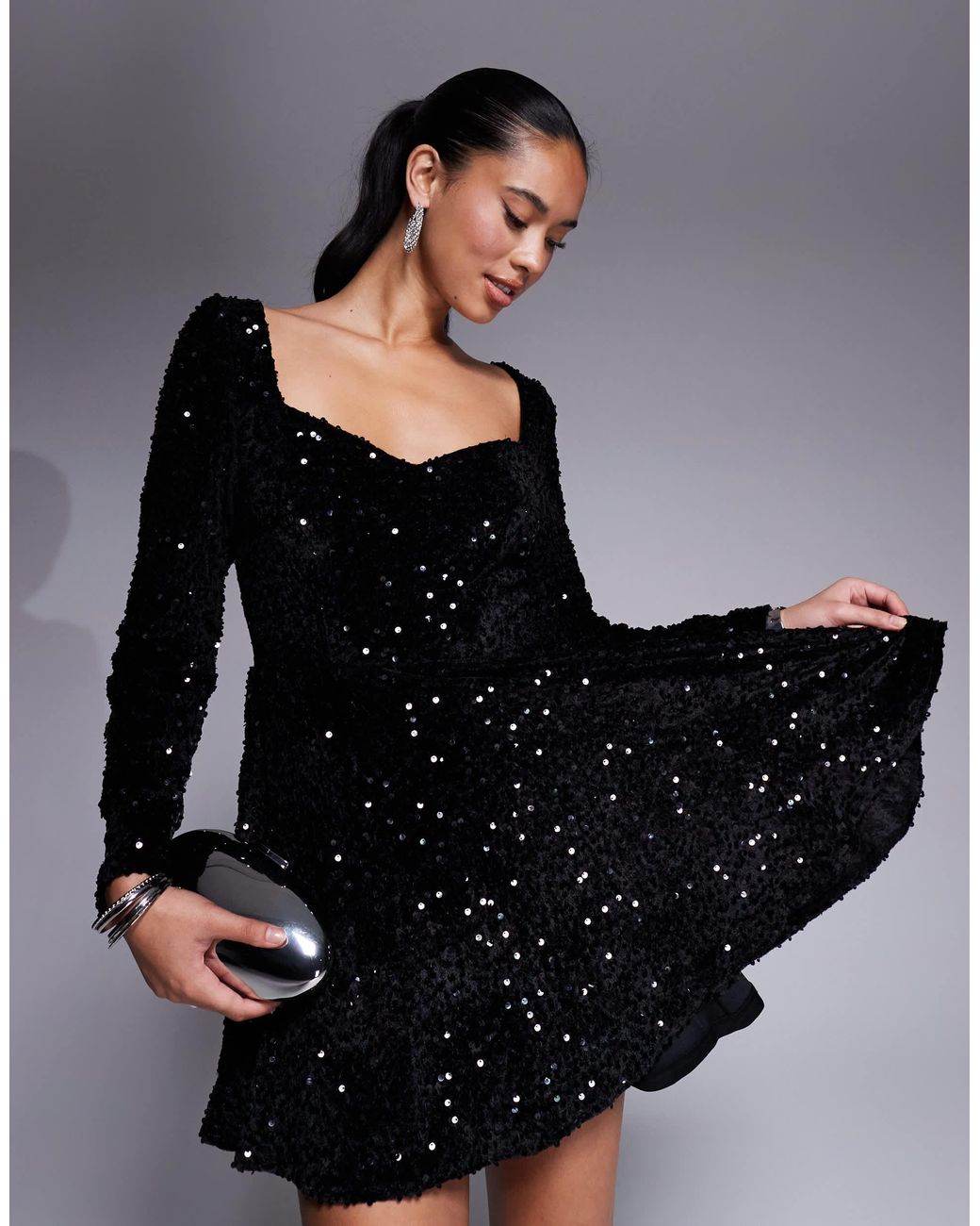 In The Style Velvet Sequin Sweetheart Neck Mini Dress in Black | Lyst