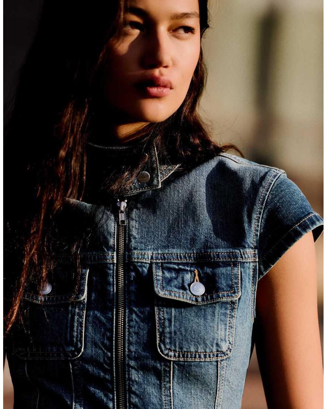 Bershka Black Zip-Up Denim Top