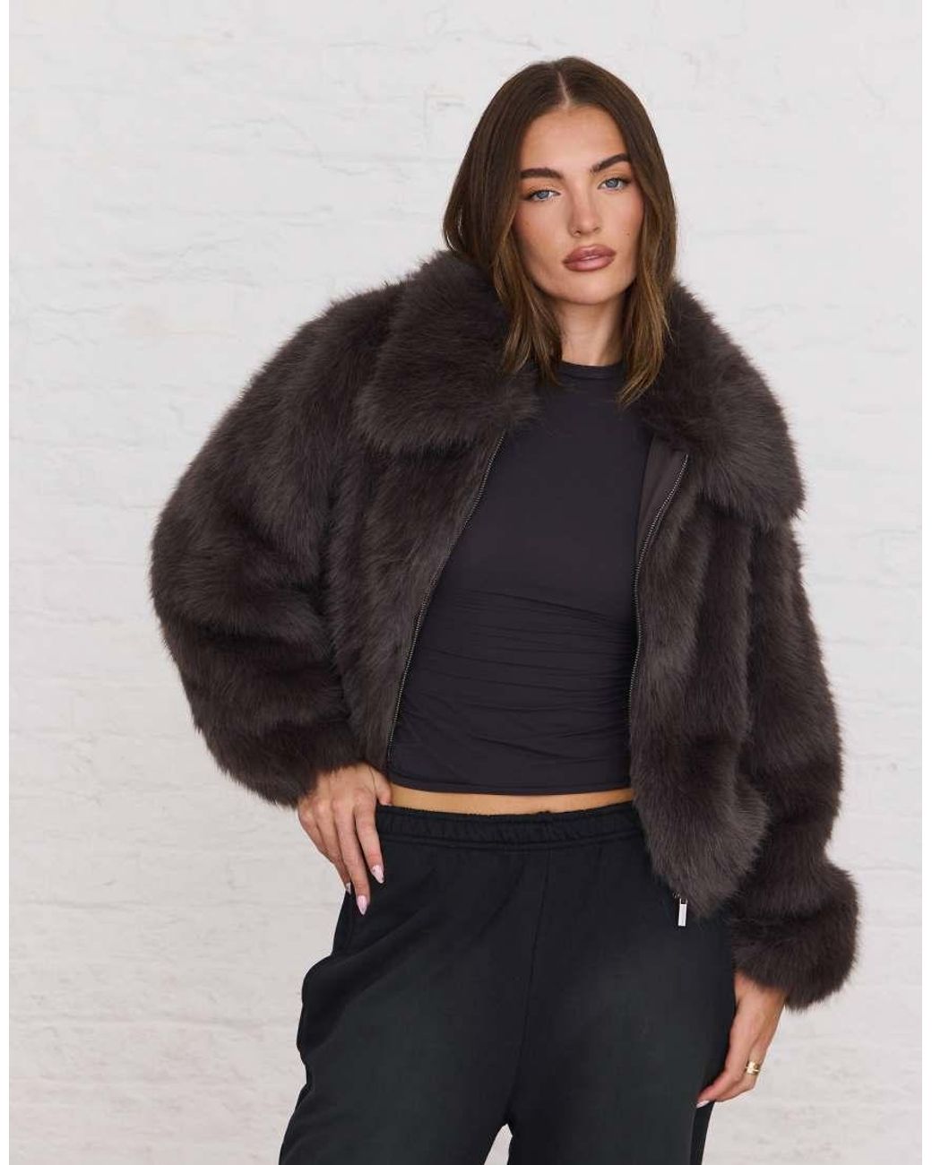 Aria Cove Brown Faux Fur Oversized Collar Cropped Jacket