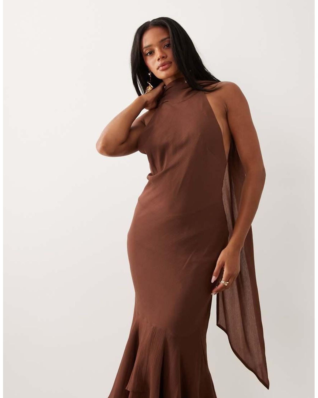ASOS Brown Halter Maxi Dress With Scarf Detail And Ruffle Hem