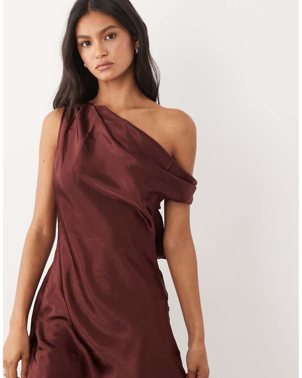JW PEI Brown Exclusive Satin Draped One Shoulder Asymmetric Satin Maxi Dress