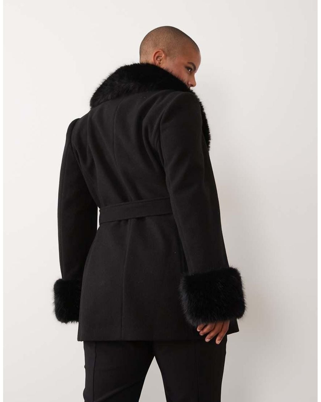 Forever New Black Faux Fur Trim Belted Short Coat