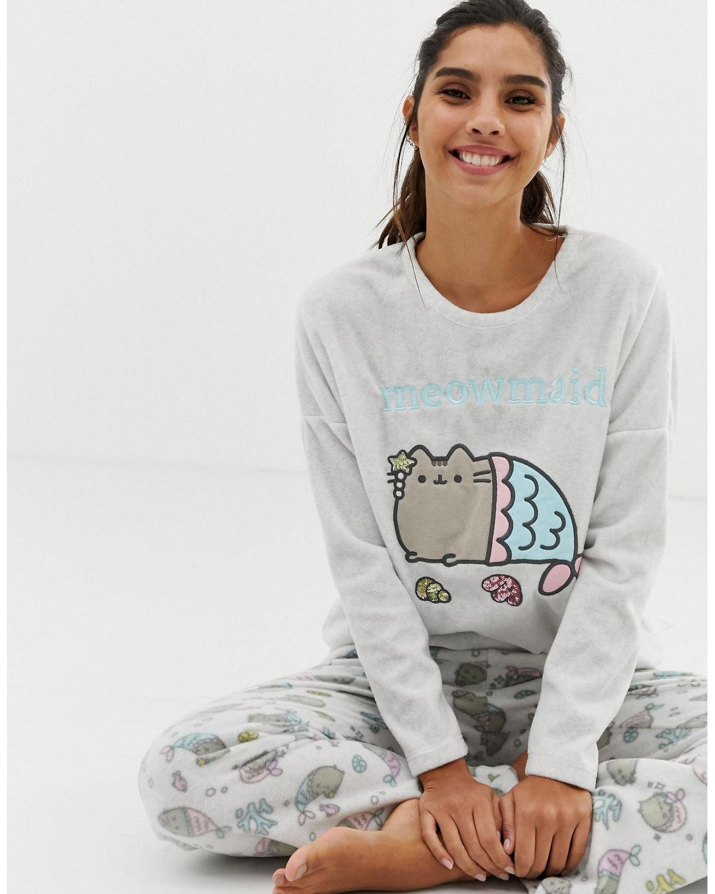 Women'secret Pusheen Cat Meowmaid Pyjama Set in Gray