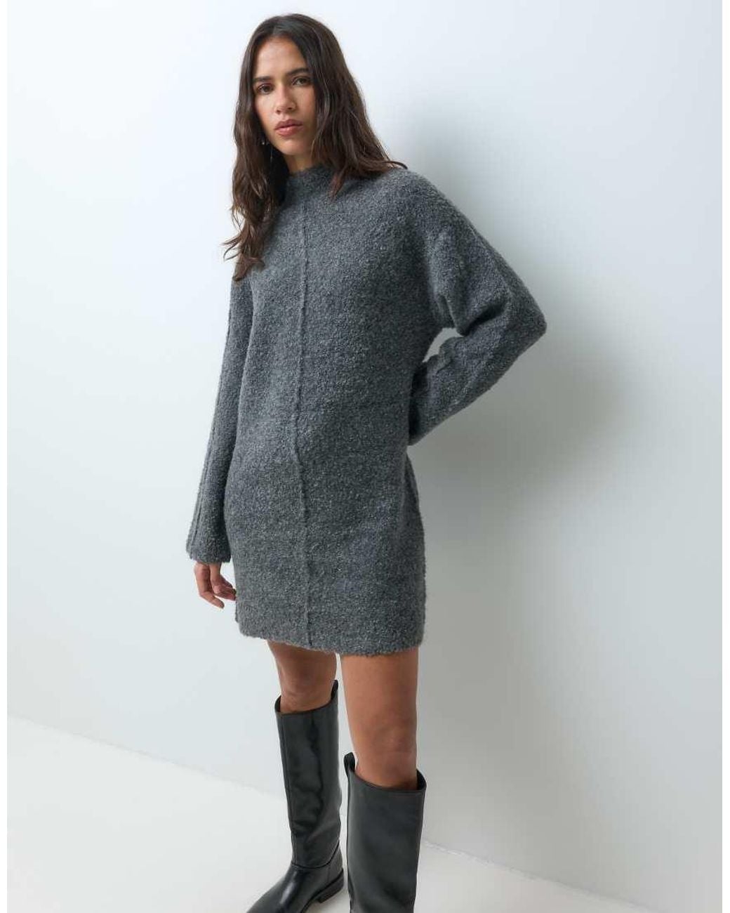 Y.A.S Gray High Neck Seam Front Knitted Mini Dress