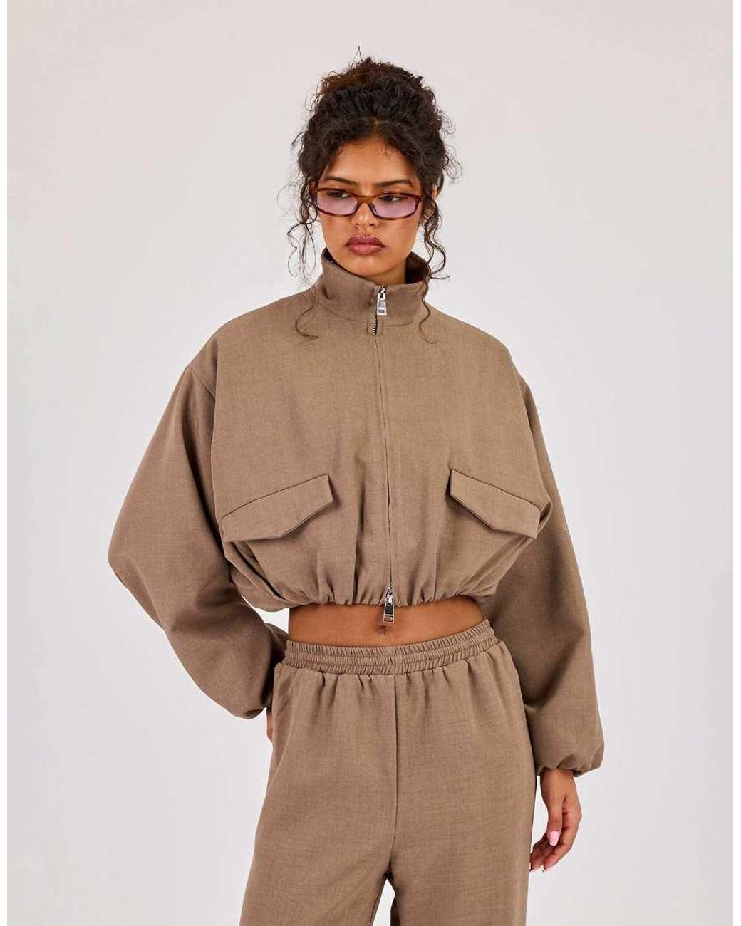 CERNUCCI Brown Twill Elasticated Hem Funnel Neck Jacket