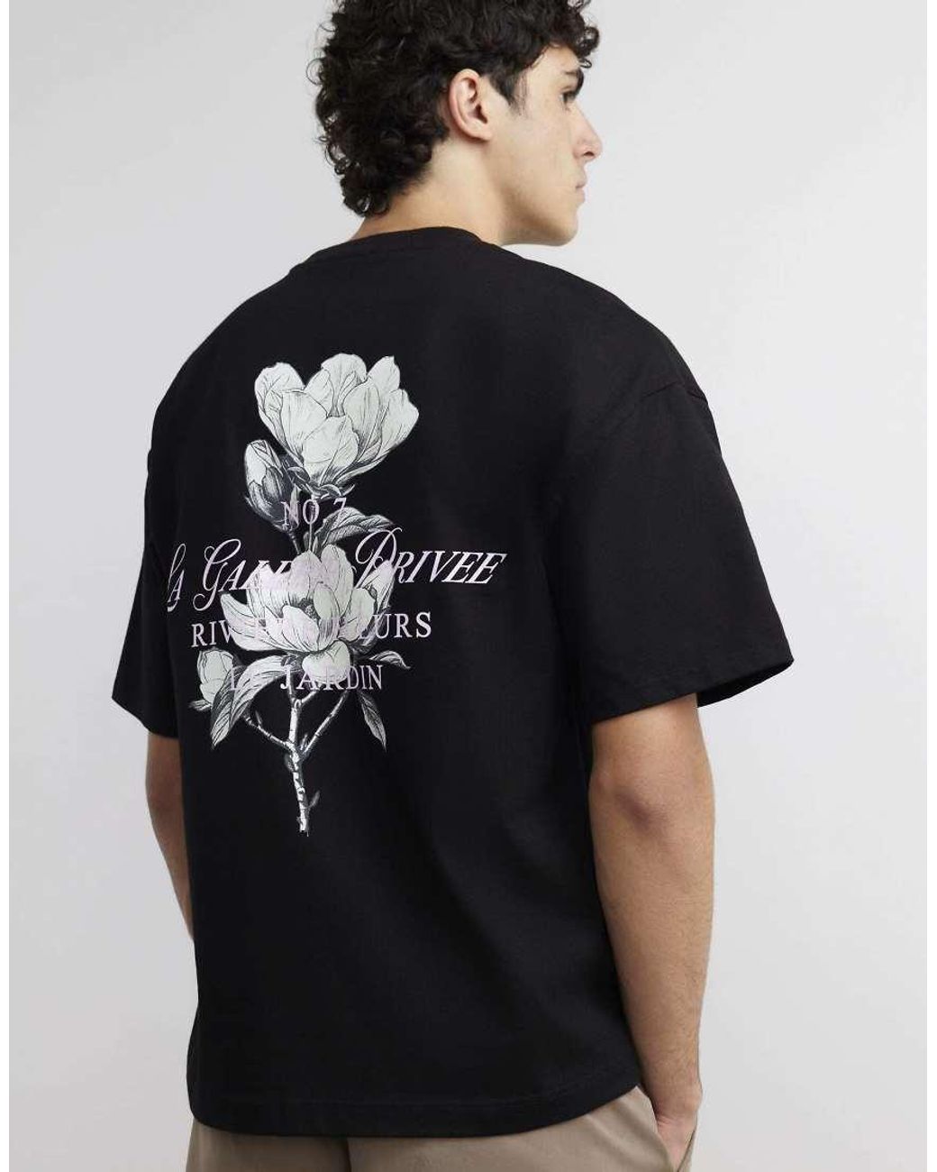 River Island Black Cotton Floral Print T-Shirt for men