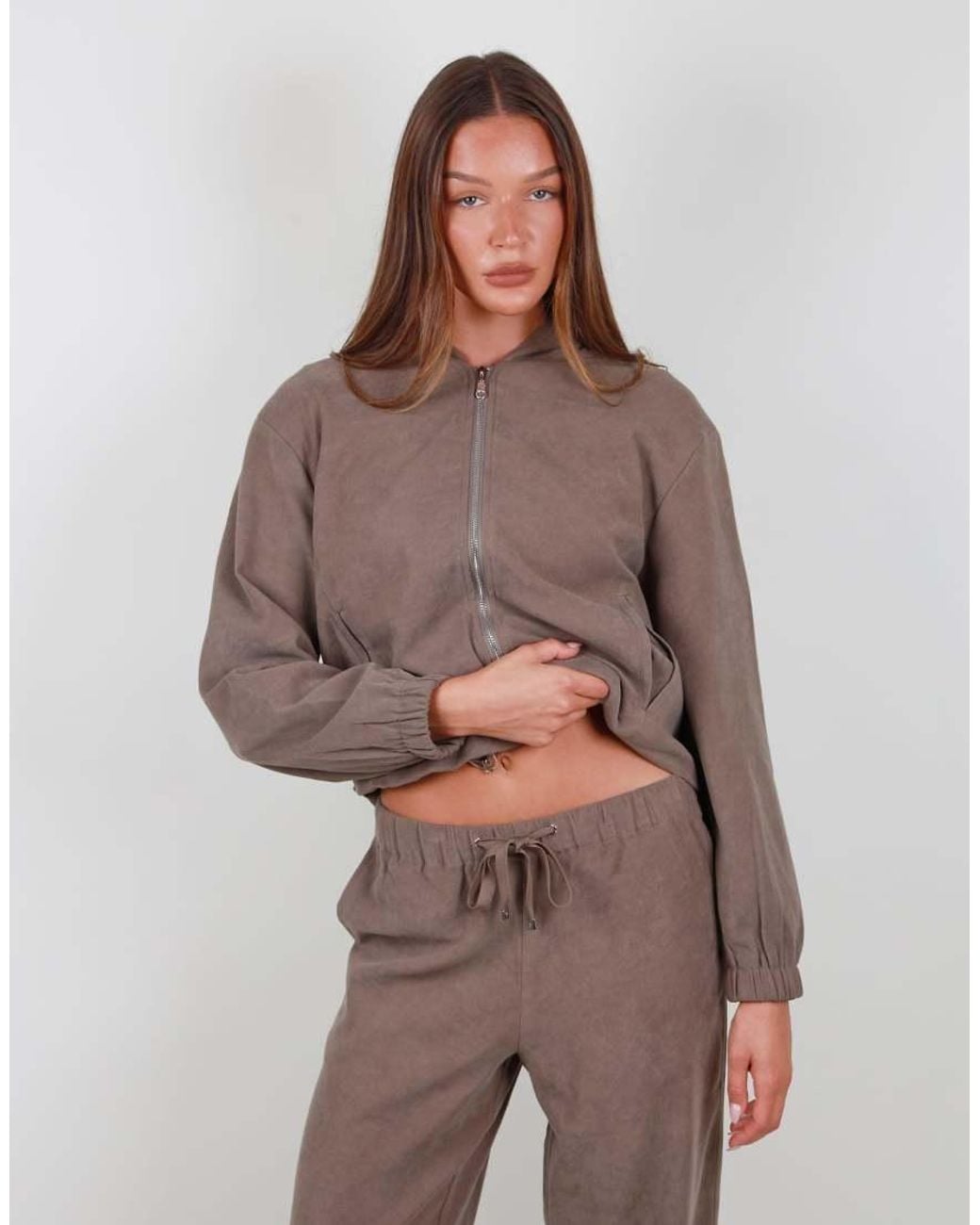 SIMMI Brown Suede Zip Bomber Hoodie