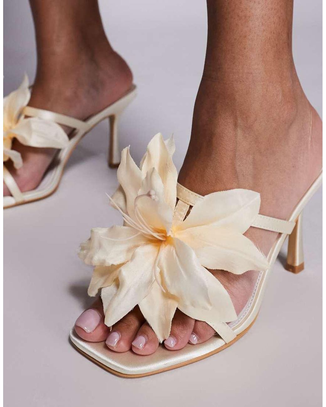 Public Desire Brown Heeled Mule Sandal With Flower Detail