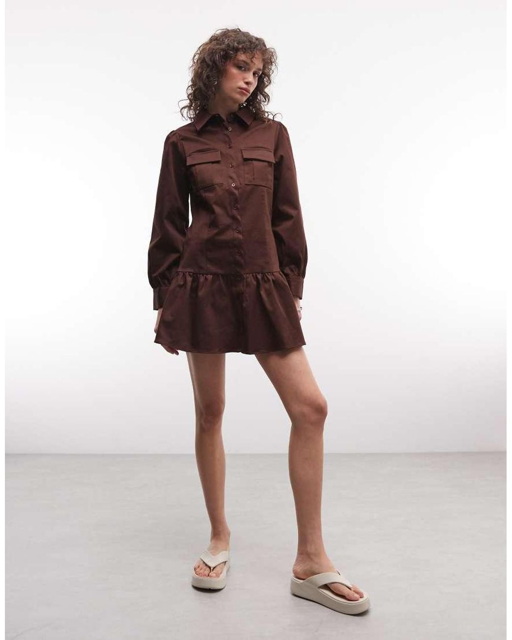 Reclaimed Vintage Brown Mini Utility Shirt Cotton Twill Dress