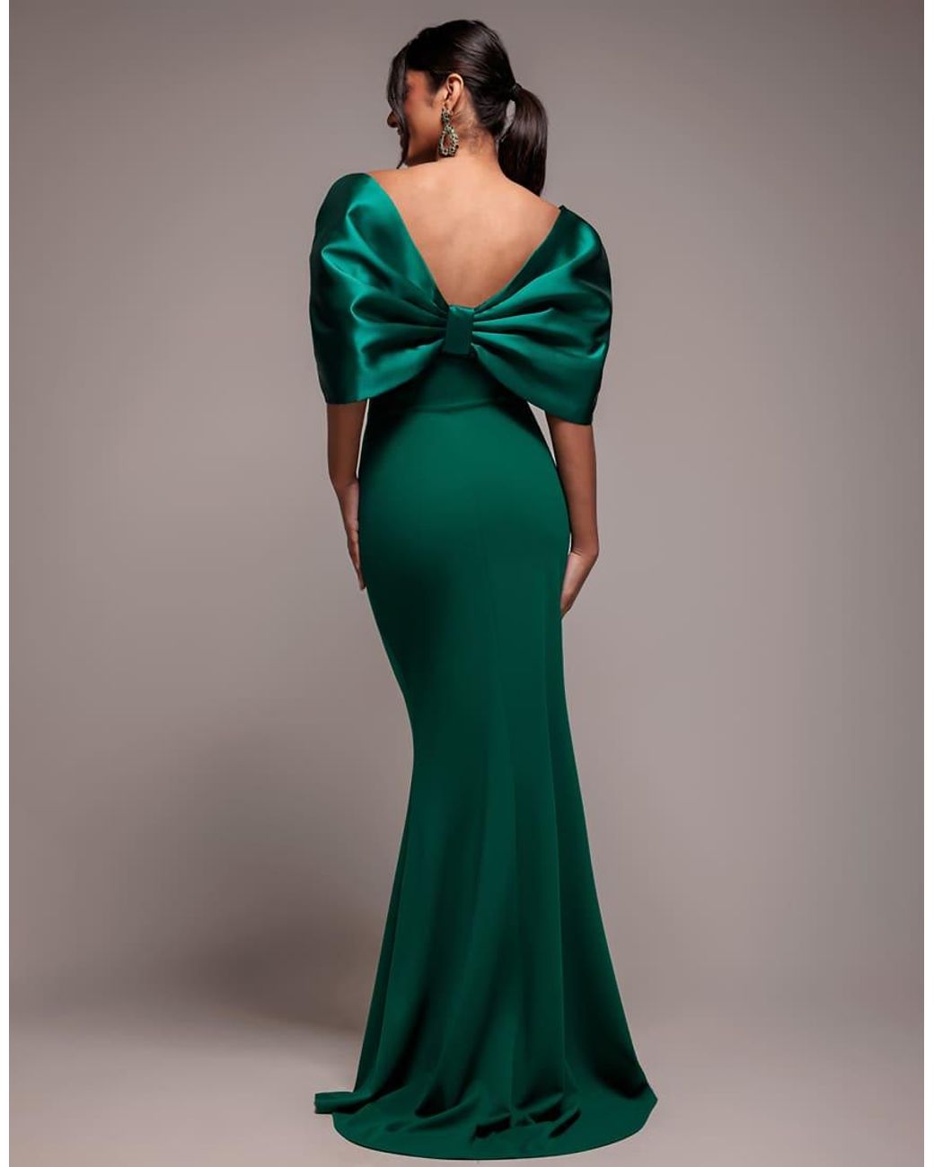 Goddiva Green Off Shoulder Back Satin Bow Maxi Dress