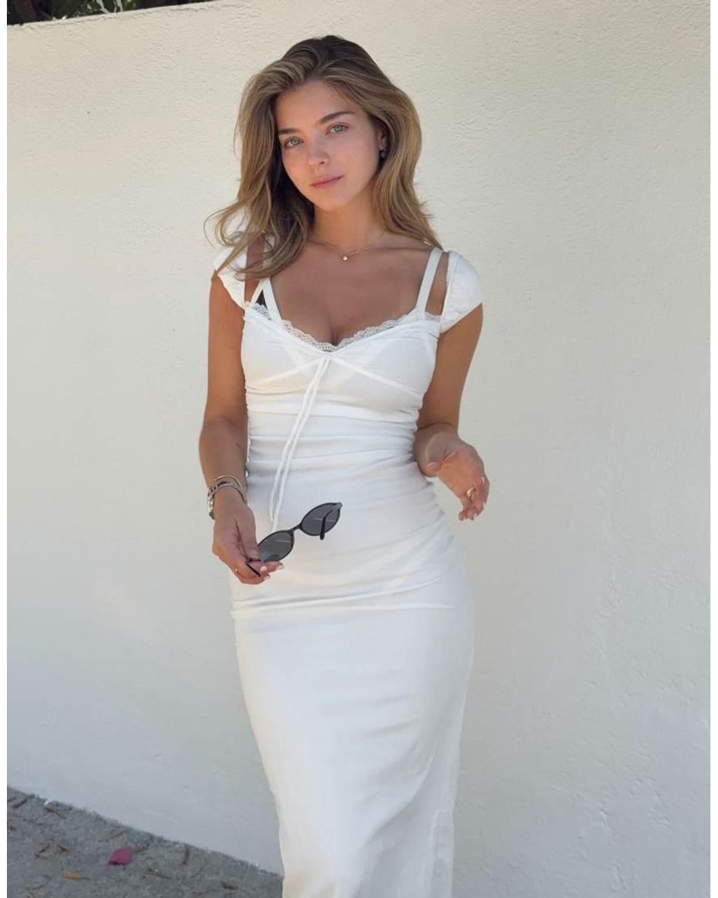 Bershka White Lace Crinkle Midi Dress