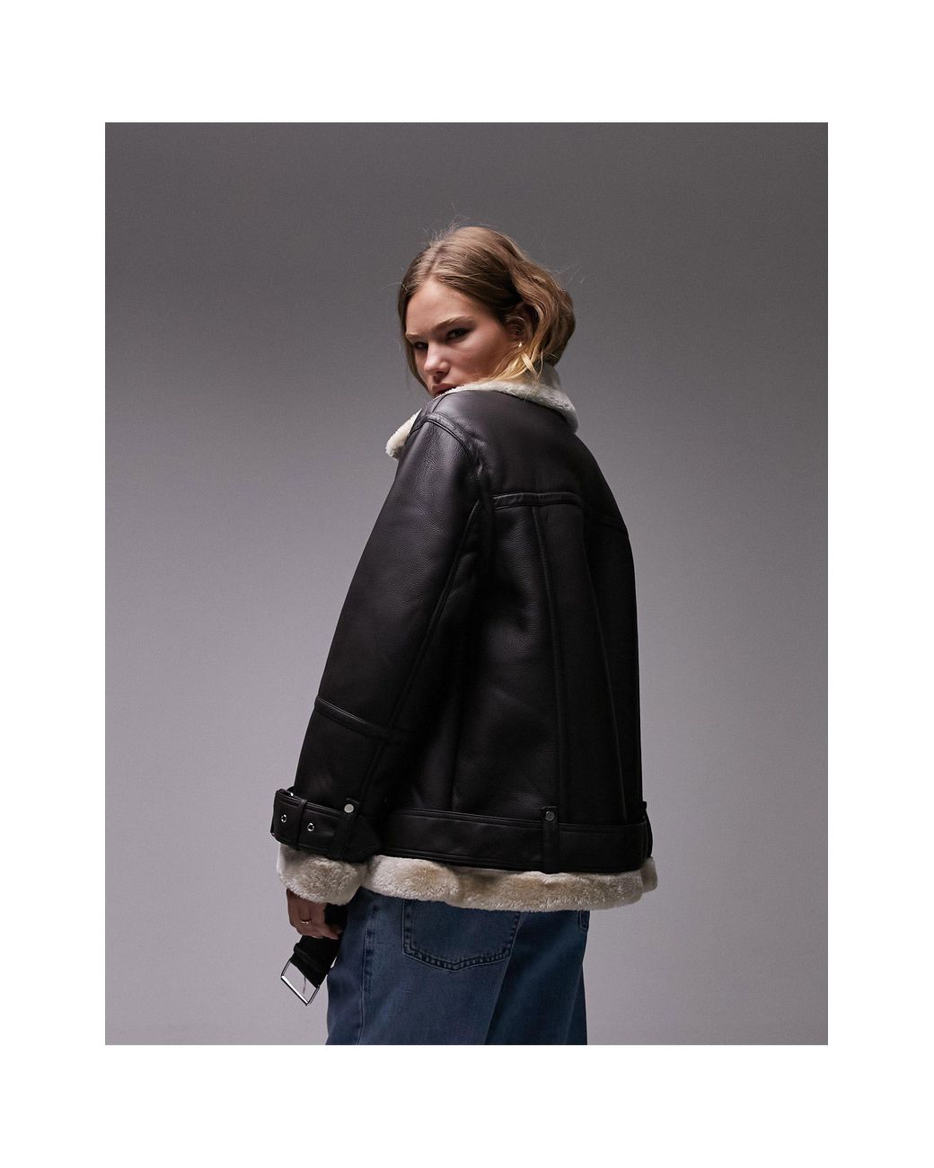 TOPSHOP Faux Leather Shearling Oversized Aviator Biker Jacket in