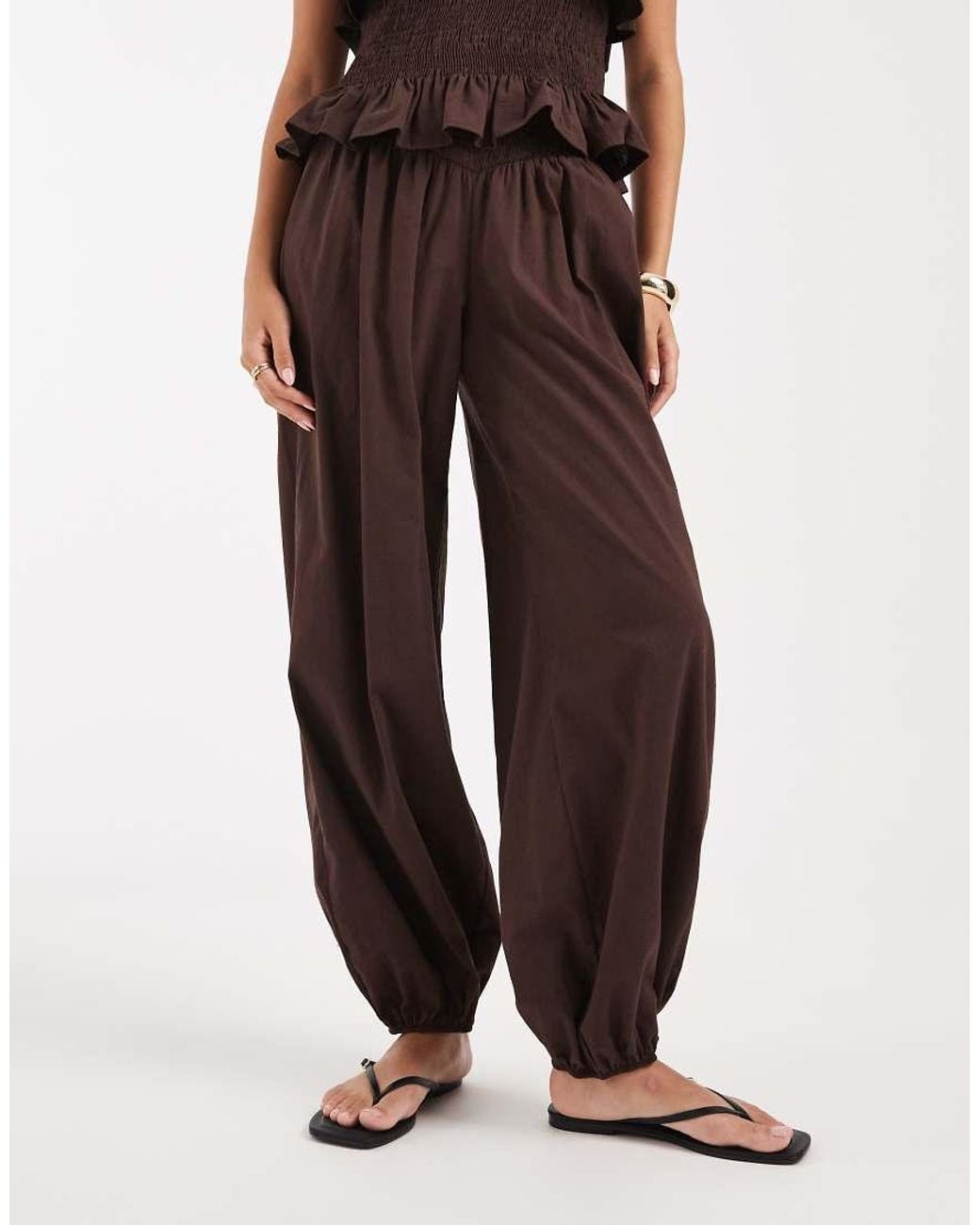 ASOS Brown Shirred Balloon Linen Blend Pants