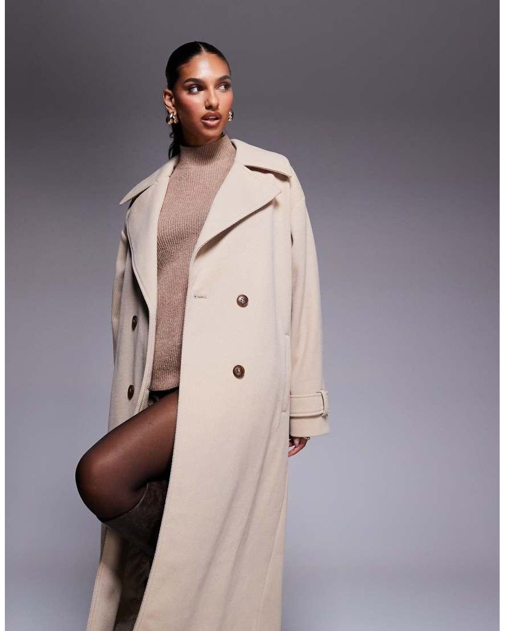 Aria Cove Natural Wool Look Heavyweight Collared Trench Style Maxi Coat