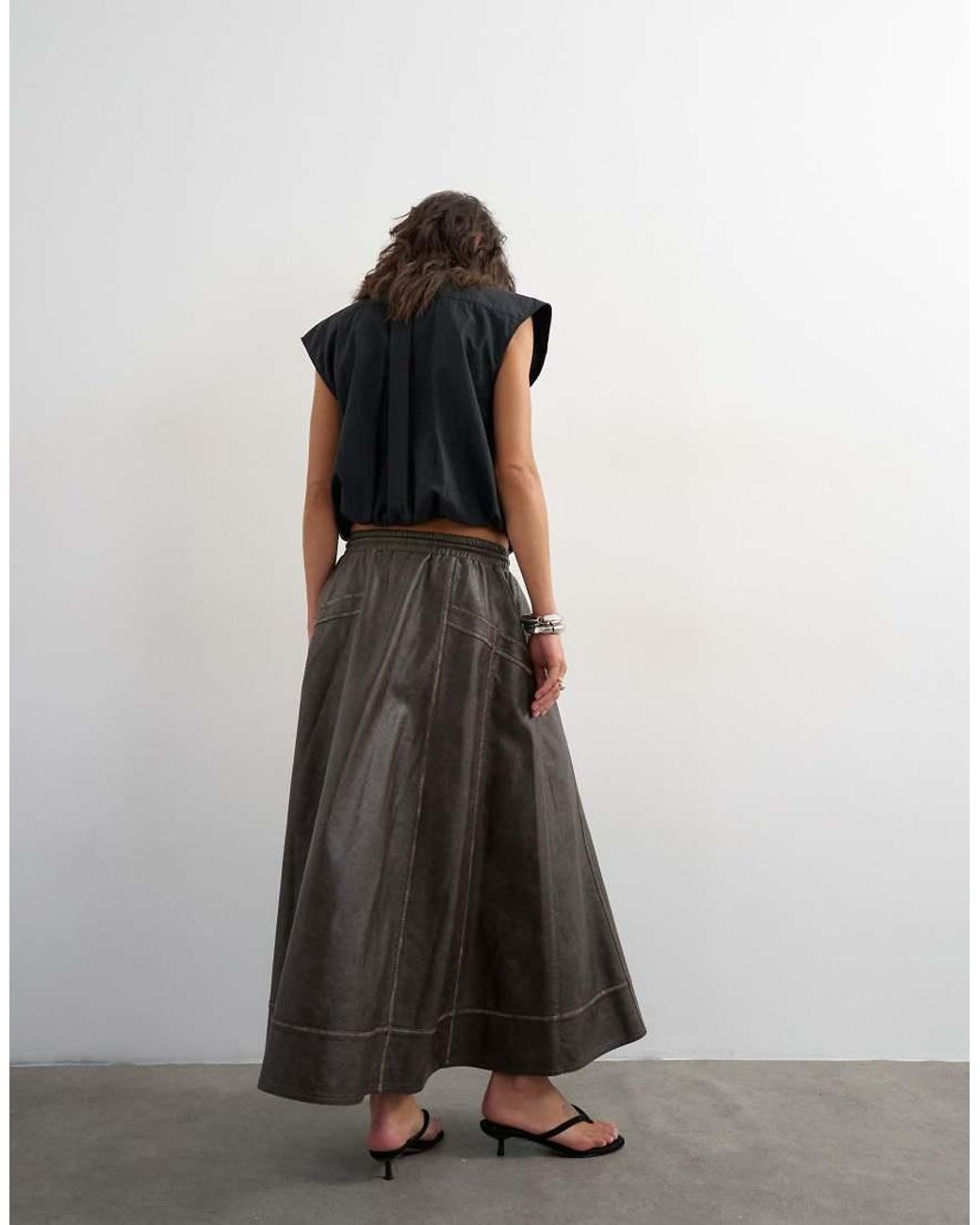 TOPSHOP Black High Shine Leather Look Maxii Skirt With Side Pockets
